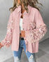 Sequin Decor Turn-down Collar Button Front Pockets Design Denim Coat Casual Fuzzy Spliced Raw Trim Shacket pink