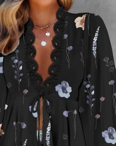 Floral Placement Print Deep V-Neck Contrast Lace Lantern Sleeve Flare Cuffs Blouse Casual Bow Tie Front Ruffle Hem Loose Top black