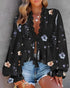 Floral Print Deep V-Neck Contrast Lace Flare Sleeve Bow Tie Front Blouse Casual Ruffle Hem Loose Top black
