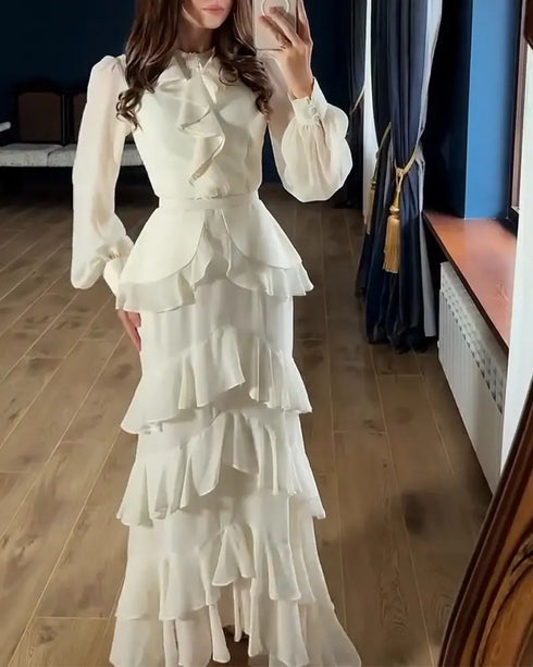 French Style Rhinestone Decor Ruffles Round Neck Lantern Sleeve Asymmetrical Hem Dress Zipper Back Layered Ruffle Hem Chiffon Evening Dress with Belt beige