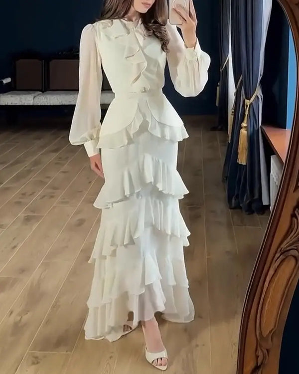 French Style Rhinestone Decor Ruffles Round Neck Lantern Sleeve Asymmetrical Hem Dress Zipper Back Layered Ruffle Hem Chiffon Evening Dress with Belt beige