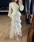 French Style Rhinestone Decor Ruffles Round Neck Lantern Sleeve Asymmetrical Hem Dress Zipper Back Layered Ruffle Hem Chiffon Evening Dress with Belt beige