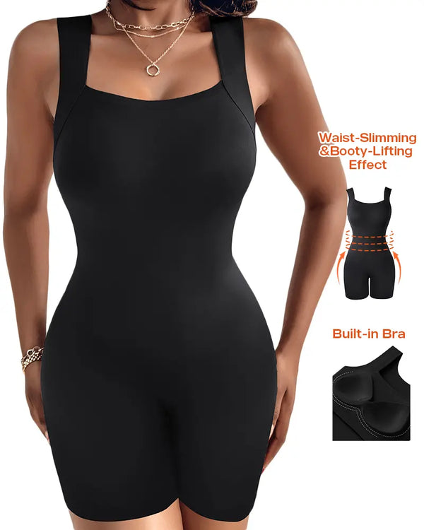 Seamless Square Neck Sleeveless Tank Top Tummy Control Bodysuit Romper black