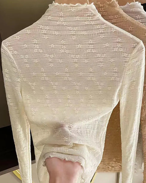 Lace Frill Hem Mock Neck Long Sleeve T-Shirt Sexy Floral Sheer Mesh Hollow Out Top Apricot