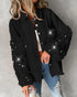 Contrast Sequin Turn-down Collar Long Sleeve Tassel Design Fuzzy Shacket with Pocket black