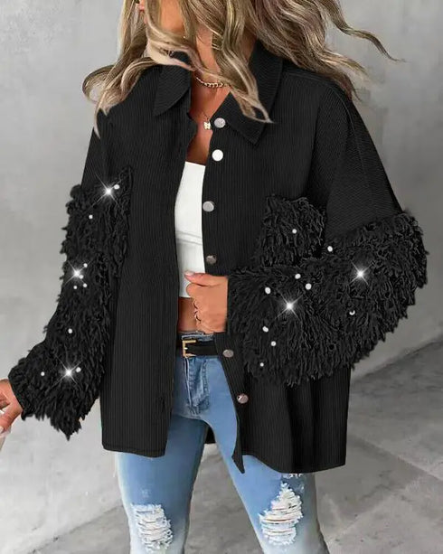 Sequin Decor Turn-down Collar Button Front Pockets Design Denim Coat Casual Fuzzy Spliced Raw Trim Shacket black