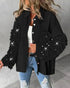 Sequin Decor Turn-down Collar Button Front Pockets Design Denim Coat Casual Fuzzy Spliced Raw Trim Shacket black
