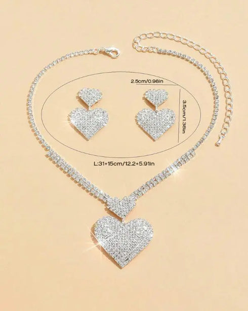 2 Pieces Heart Pattern Rhinestone Necklace and Sparky Drop Earrings Jewellery Set for Valentine's Day Wedding Gifts silver