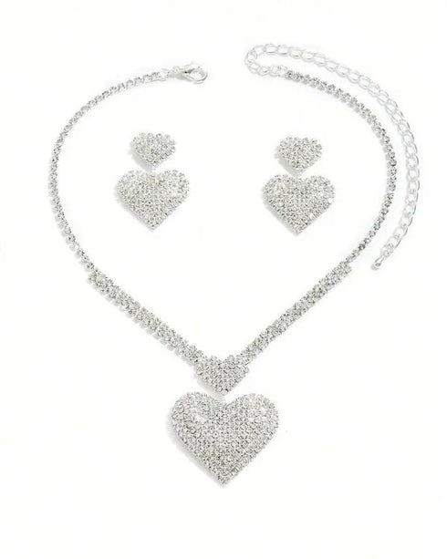 2 Pieces Heart Pattern Rhinestone Necklace and Sparky Drop Earrings Jewellery Set for Valentine's Day Wedding Gifts silver