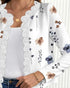 Floral Print Open Front Long Sleeve Casual Contrast Lace Short Cardigan white