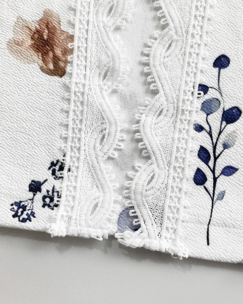 Floral Print Open Front Long Sleeve Casual Contrast Lace Short Cardigan white