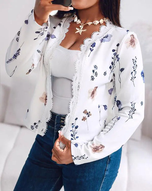 Floral Print Open Front Long Sleeve Casual Contrast Lace Short Cardigan white