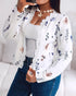 Floral Print Open Front Long Sleeve Casual Contrast Lace Short Cardigan white