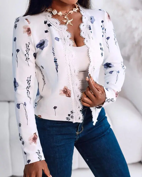 Floral Print Open Front Long Sleeve Casual Contrast Lace Short Cardigan white