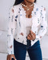 Floral Print Open Front Long Sleeve Casual Contrast Lace Short Cardigan white