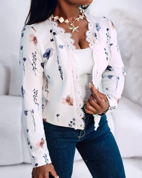 Jacquard Contrast Lace Scallop Trim Open Front Coat Casual Breathable Crop Cardigan white