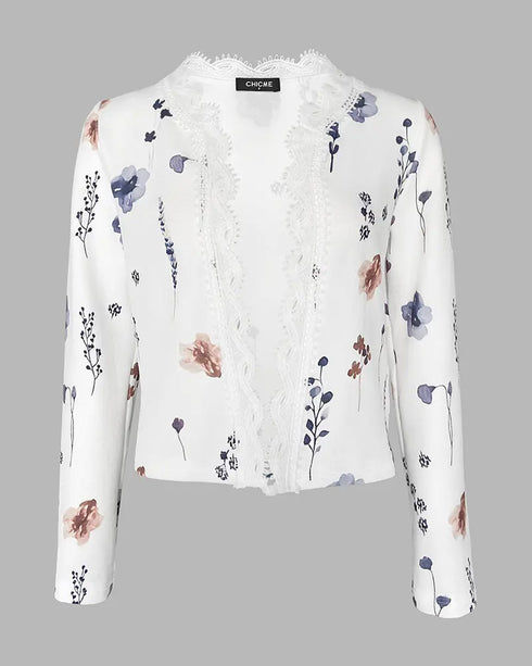 Floral Print Open Front Long Sleeve Casual Contrast Lace Short Cardigan white