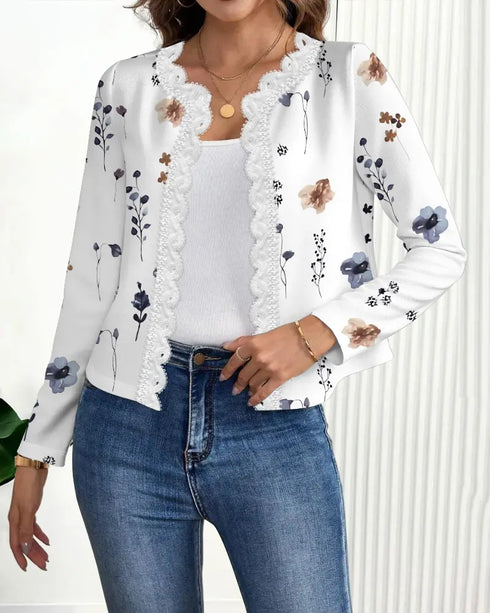 Floral Print Open Front Long Sleeve Casual Contrast Lace Short Cardigan white