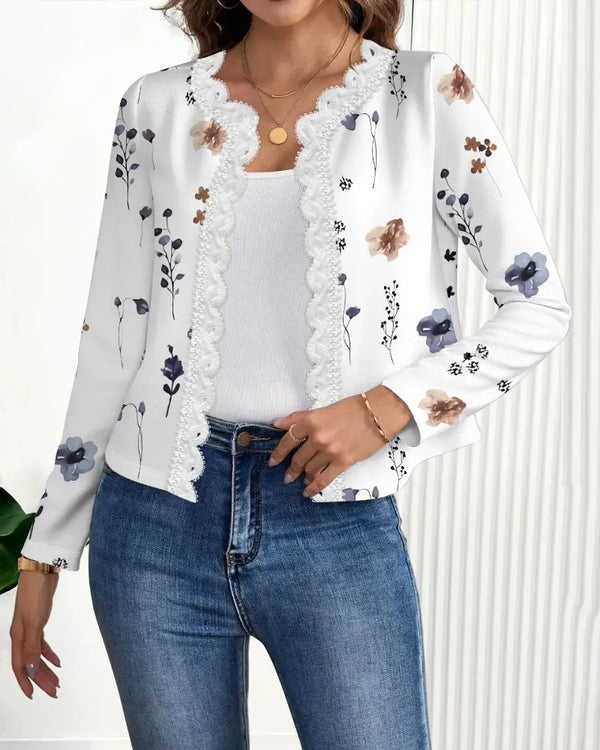 Floral Print Open Front Long Sleeve Casual Contrast Lace Short Cardigan white