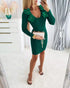Floral Pattern V Neck Bodycon Mini Dress Long Sleeve Knit Sweater Dress green