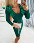 Floral Pattern V Neck Bodycon Mini Dress Long Sleeve Knit Sweater Dress green