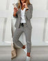 2 Piece Blazer Notched Collar Plaid Print Coat Drawstring Pants Set with Pockets Casual Suits light gray