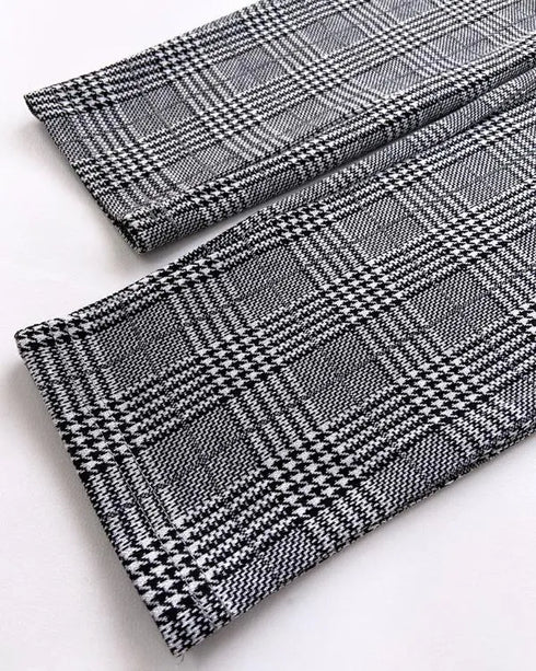 2 Piece Blazer Notched Collar Plaid Print Coat Drawstring Pants Set with Pockets Casual Suits light gray