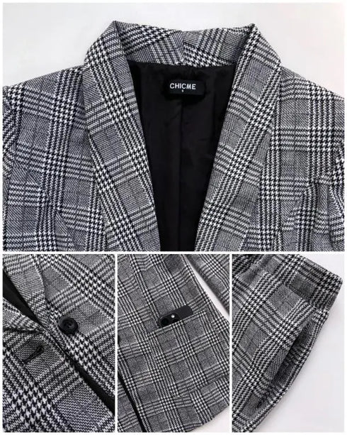 2 Piece Blazer Notched Collar Plaid Print Coat Drawstring Pants Set with Pockets Casual Suits light gray