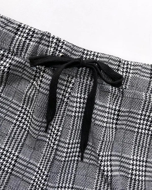 2 Piece Blazer Notched Collar Plaid Print Coat Drawstring Pants Set with Pockets Casual Suits light gray