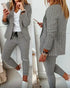 2 Piece Blazer Notched Collar Plaid Print Coat Drawstring Pants Set with Pockets Casual Suits light gray