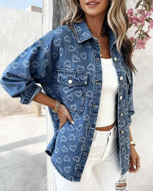 Vintage Heart Jacquard Turn-down Collar Button Front Asymmetrical Hem Jacket Casual Flap Pockets Design Washed Denim Coat blue