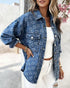 Vintage Heart Jacquard Turn-down Collar Button Front Asymmetrical Hem Jacket Casual Flap Pockets Design Washed Denim Coat blue