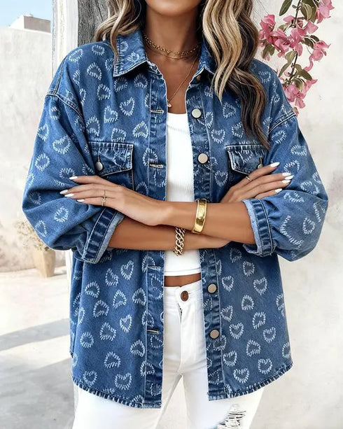 Vintage Heart Jacquard Turn-down Collar Button Front Asymmetrical Hem Jacket Casual Flap Pockets Design Washed Denim Coat blue