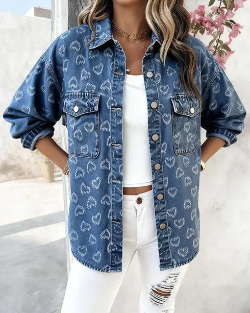 Vintage Heart Jacquard Turn-down Collar Button Front Asymmetrical Hem Jacket Casual Flap Pockets Design Washed Denim Coat blue