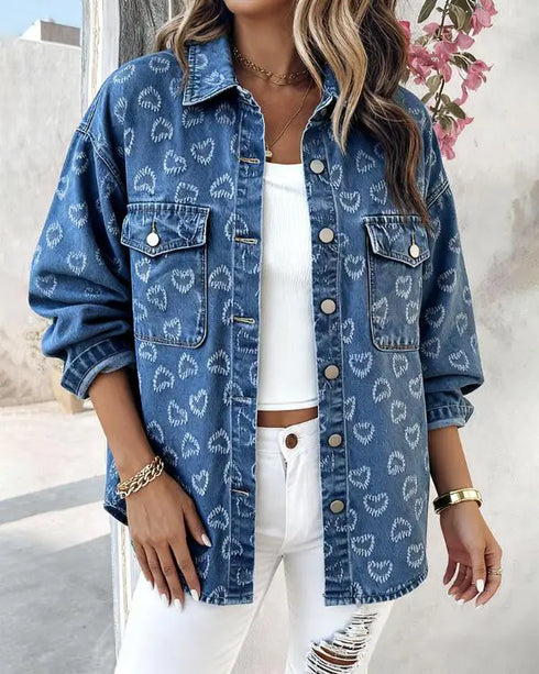 Vintage Heart Jacquard Turn-down Collar Button Front Asymmetrical Hem Jacket Casual Flap Pockets Design Washed Denim Coat blue