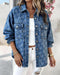 Vintage Heart Jacquard Turn-down Collar Button Front Asymmetrical Hem Jacket Casual Flap Pockets Design Washed Denim Coat blue