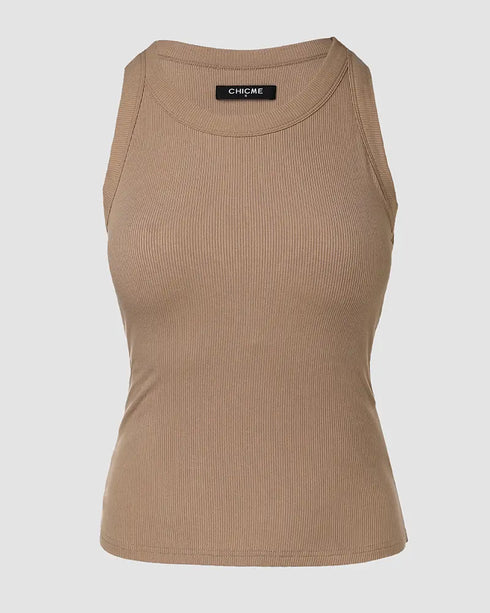 ChicMe Built-in Bra Ribbed Round Neck Tank Top khaki