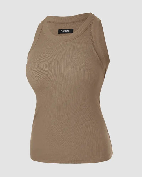 ChicMe Built-in Bra Ribbed Round Neck Tank Top khaki