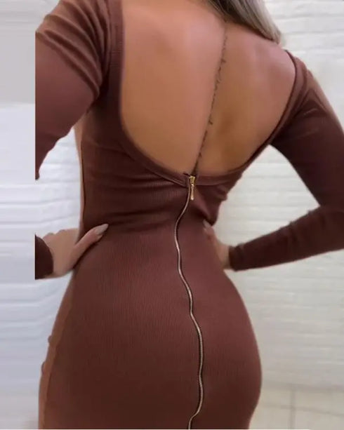 Zipper Design Backless Slit Bodycon Dress brown