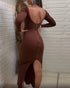 Zipper Design Backless Slit Bodycon Dress brown