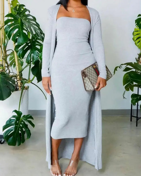 2 Pieces Outfit Solid Slim Fit Strapless Dress and Casual Open Front Long Sleeve Long Cardigan gray