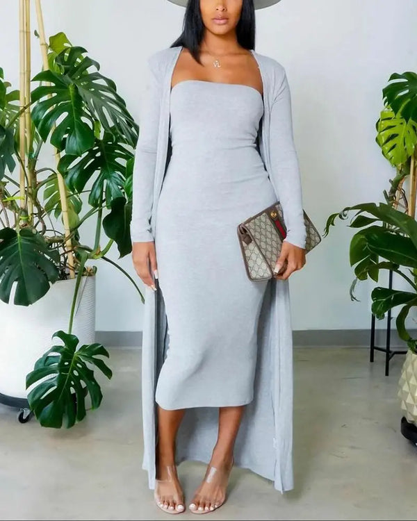 2 Pieces Outfit Solid Slim Fit Strapless Dress and Casual Open Front Long Sleeve Long Cardigan gray