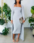 2 Pieces Outfit Solid Slim Fit Strapless Dress and Casual Open Front Long Sleeve Long Cardigan gray