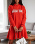 Letter Pattern Long Sleeve Ruffle Hem Dress Pocket Design Casual Hoodie Dress red