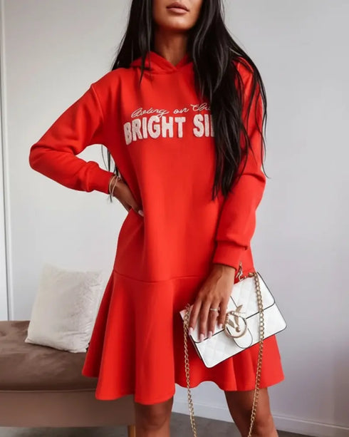 Letter Pattern Long Sleeve Ruffle Hem Dress Pocket Design Casual Hoodie Dress red