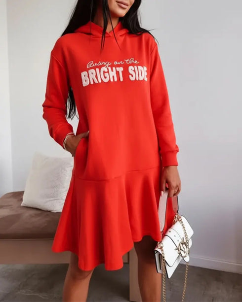 Letter Pattern Long Sleeve Ruffle Hem Dress Pocket Design Casual Hoodie Dress red