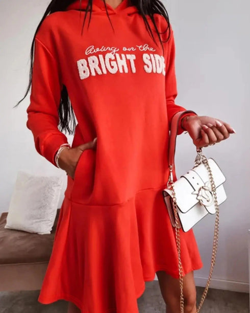 Letter Pattern Long Sleeve Ruffle Hem Dress Pocket Design Casual Hoodie Dress red