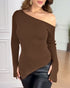 Skew Neck Split Sleeve Asymmetrical Hem Sweater Slim Fit Ribbed Top Dark Brown