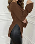 Skew Neck Split Sleeve Asymmetrical Hem Sweater Slim Fit Ribbed Top Dark Brown