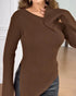 Skew Neck Split Sleeve Asymmetrical Hem Sweater Slim Fit Ribbed Top Dark Brown